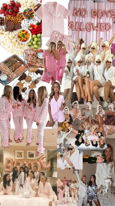 the collage shows many women in pink and white pajamas