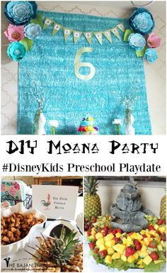 diy moan birthday party with pineapples and other food on the table, including fruit