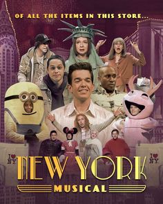 the new york musical poster with characters from all over the world, including one man and two women