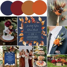 the wedding color scheme is orange, blue, and red with an assortment of flowers