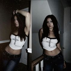 two pictures of a woman in white shirt and jeans