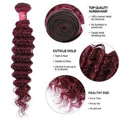 This 99J Burgundy Deep Wave Human Hair Bundles With Lace Closure 3 Bundles of Brazilian Hair Bundles offer a perfect combination of color, texture, and quality. 100% human hair allows for a natural look and feel with extra body and shine. The deep wave pattern creates a voluminous and beautiful aesthetic. Burgundy Deep Wave, Deep Wave Weave Hairstyles, Deep Wave Brazilian Hair, Deep Wave Human Hair, Lace Closure Hairstyles, Hair Bundle Deals, Extension Hair, Colored Hair Extensions, Hair Care Oil