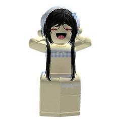 a lego figure with long black hair wearing a white dress and holding her hands behind her head