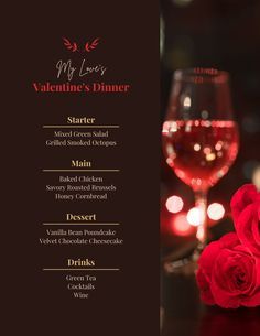 a menu for valentine's day with red roses and wine glasses in the background