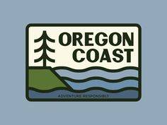 the oregon coast logo is shown on a light blue background, with trees in the distance