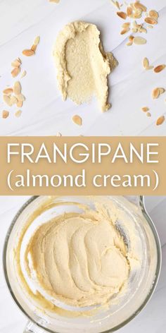 the ingredients to make frangipane almond cream in a glass bowl on a white table