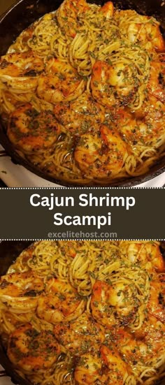 two pictures of shrimp scampi in a skillet with the words cajun shrimp scampi above it