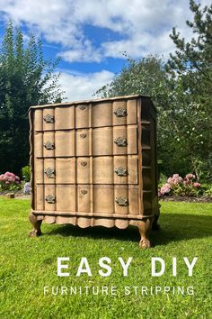 an old dresser is turned into a furniture stripping unit in the grass with text overlay that reads easy diy furniture stripping