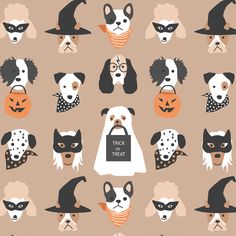 halloween dogs with masks and pumpkins on the face are shown in this seamless pattern