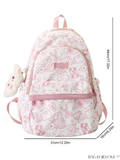 BagForLove - School Backpack: Classic Cartoon Pattern with Adjustable Strap & Bag Charm, Colorblock Design Product Description Color Pink Composition 100% Nylon Pattern Type Graphic Bag Size Medium Material Polyamide Type Classic Backpack Size Chart INCH CM Handle Height Strap Length Bag Height Bag Width Bag Length 3.1 inch 35.4 inch 17.3 inch 6.3 inch 12.2 inch Handle Height Strap Length Bag Height Bag Width Bag Length 8 cm 90 cm 44 cm 16 cm 31 cm Details Pictures Similar Products h2 { text-ali White Letter Print Standard Backpack, Pink Letter Print Backpack For Everyday Use, Adjustable Strap Bag, Strap Bag, Cartoon Pattern, Classic Backpack, School Backpack, Classic Cartoons, School Backpacks