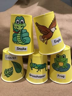 four yellow cups with pictures of animals and plants on them, all labeled in english