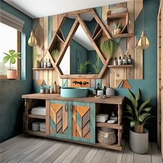 a bathroom with blue walls and wooden furniture in the corner, along with potted plants