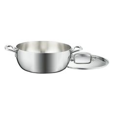 a stainless steel pot with lid and handle on a white background, the pan is empty