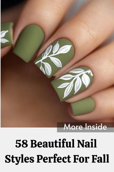 Get your nails ready for autumn with these 58 chic and stylish designs. Whether you prefer simple or intricate, you’ll find the perfect fall style here. Tap the link for more fall nail inspiration! Fall Green Nail Designs, Sage Nails Design, Olive Nail Designs, Green Floral Nails, Fall Nail Inspiration, Olive Nails, Ready For Autumn, Long Stiletto Nails, Nail Board