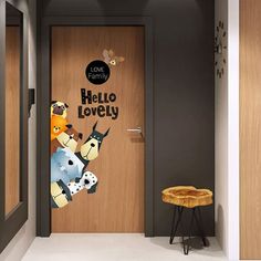 the door is decorated with cartoon animals