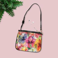 Summer Tropical Hibiscus - Compact Shoulder Bag 10" × 8" Black Tropical Hibiscus, Tortoise Shell Cat, Cell Phone Wallet, Summer Tropical, Luggage Cover, Tablet Sleeve, Essential Items, Soft Bristle Brush, Minky Blanket