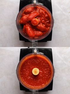 two pictures of the same food in a blender, one is red and the other is green