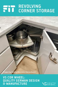 an open cabinet with pots and pans in it, revealing the corner storage area