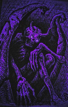 a drawing of a demon holding a woman's head in front of a purple background