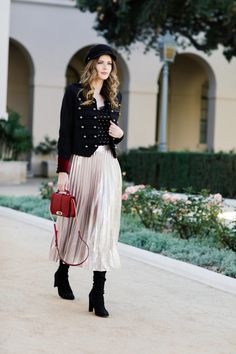 Red Boots Outfit Winter, Baret Hat Outfit, Leather Pleated Skirt Outfit, Military Jacket Outfits, Red Boots Outfit, Pleated Skirt Outfits, Black Military Jacket, Alyssa Campanella, The A List