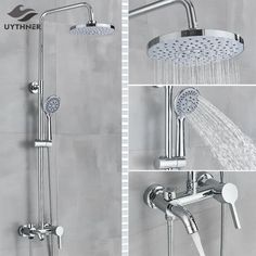 the shower head and handset are shown in three different pictures, one is open