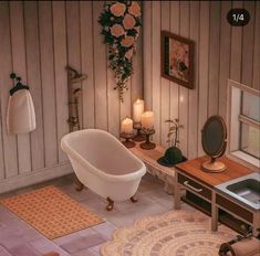 a bath tub sitting in the middle of a bathroom next to a sink and mirror