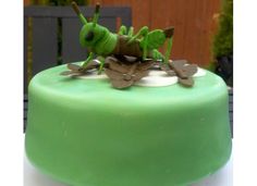 a green cake decorated with an insect on top