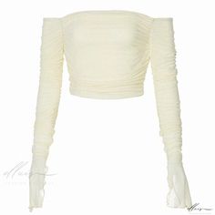 Elluis - Elegant Off-Shoulder Slim-Fit Mesh Ruffled Crop Top Emphasizing Midriff Spring Ruched Fitted Off-shoulder Top, Fitted Off-shoulder Top With Ruffles For Party, Fitted Ruffled Off-shoulder Top For Party, Spring Evening Stretch Off-shoulder Top, Ruffled Crop Top, Sleeve Stencil, Sophisticated Style, Workout Clothes, Short Sleeves Tops