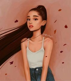 a painting of a girl with long brown hair and white tank top, standing in front of a pink background