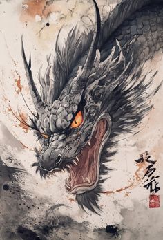 a drawing of a dragon with its mouth open