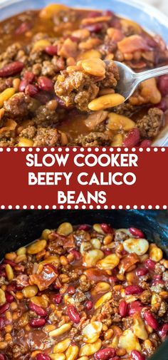 slow cooker beefy calico beans in a crock pot with text overlay