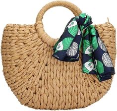 Amazon.com: Women Straw Handbag Round Handle Hand Woven Tote Bag Fashion Summer Beach Bag with Scarves : Clothing, Shoes & Jewelry Minimalist Clutch, Rattan Handbags, Summer Beach Bag, Large Hobo Bag, Straw Tote Bag, Straw Handbags, Handbag Pattern, Rattan Bag, Handbag Handles