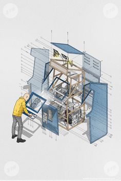 a drawing of a man working on a machine