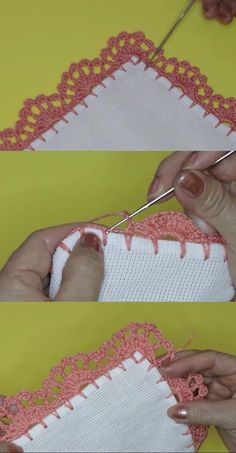 two pictures showing how to crochet the edge of a piece of fabric