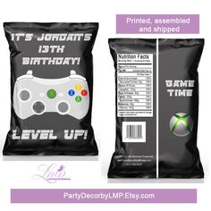 a bag of candy with a game controller on the front and back of it's packaging