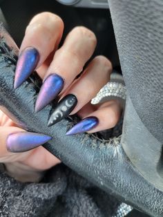 Triple Moon Nails, Moonchild Nails, Acrylic Nails Blue, Stiletto Nail Designs, Black Marble Nails, Purple Chrome, Redesign Ideas, Blue And White Nails, Witch Nails