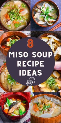 Collage of diverse Japanese miso soup recipes featuring tofu, mushrooms, seafood, and vegetables in rustic bowls Simple Miso Soup Recipe, Korean Miso Soup, How To Make Miso Soup, Japanese Soup Recipes, Easy Miso Soup Recipe