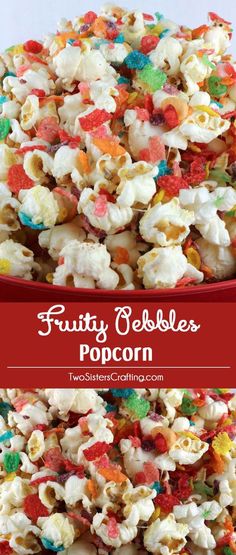 a bowl full of fruity pebbles popcorn with the title above it in red and white