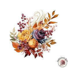 an arrangement of flowers and leaves on a white background with the words autumn written below it