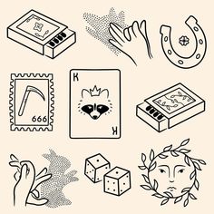 various hand drawn objects are shown in black and white