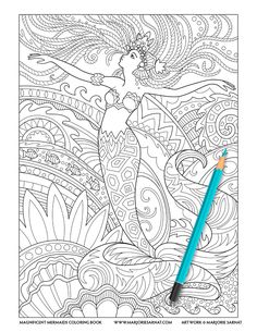 an adult coloring book with a pencil in front of it and the image of a woman on