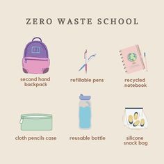 the zero waste school bag is shown with its contents and instructions to keep it clean