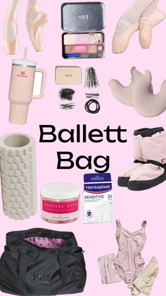 the contents of a ballet bag on a pink background with text that reads ballet bags