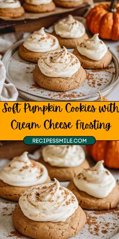 soft pumpkin cookies with cream cheese frosting are on a white plate and in the background there is an orange pumpkin