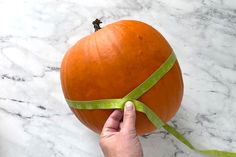 a person measuring the width of a pumpkin with a green tape on it's side