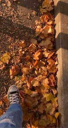 a person's feet standing on the ground next to leaves