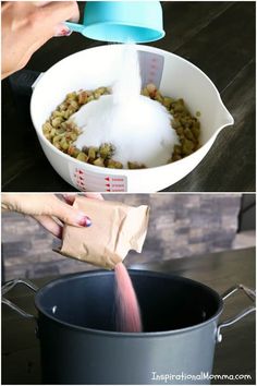 two pictures showing how to mix ingredients in a pot