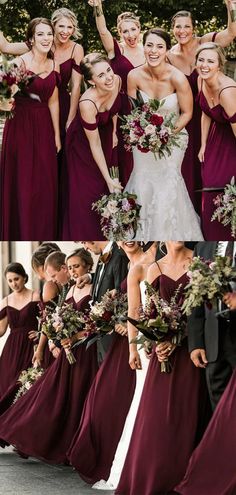 the bride and her bridal party are all dressed in burgundy dresses with matching bouquets