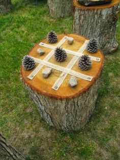 some pine cones are sitting on top of a tree stump in the grass and one is made out of wood