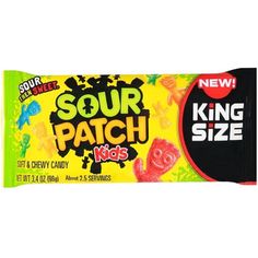 sour patch kid size candy bar with king size gummy on the front and side